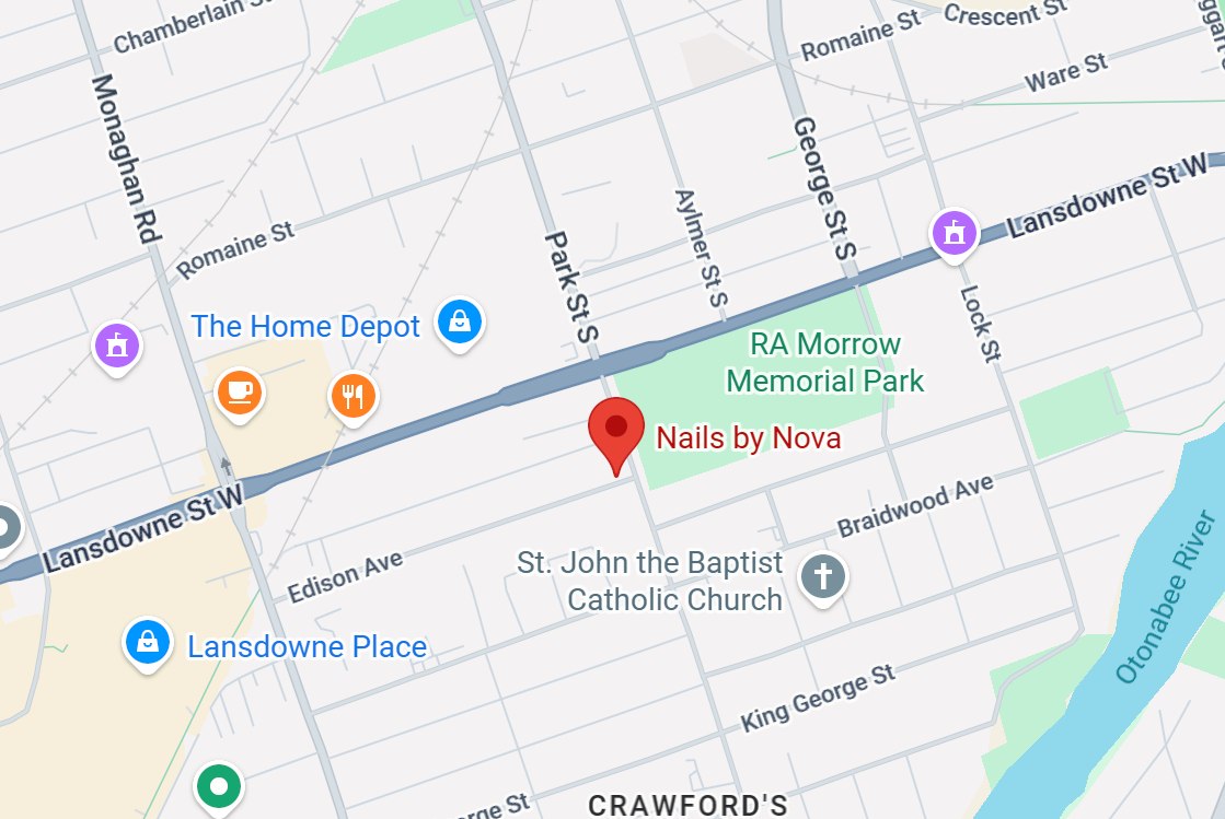 Map showing Nails by Nova at 372 Edison Ave, Peterborough
